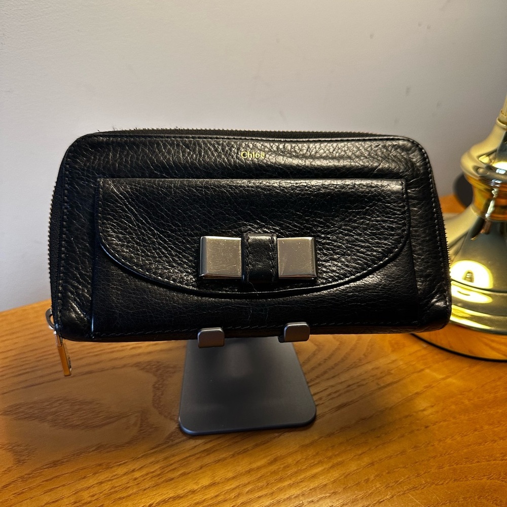 Chloe Black Leather Long Zip Wallet w/Bow Detail